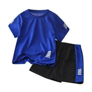 Povozer Boys Short Sets Outfits Cotton Casual Crewneck Short Tee Shirt Plaid Shorts Beach Clothes 2-Pack Set for Boys for 5-6 Years,Dark Blue